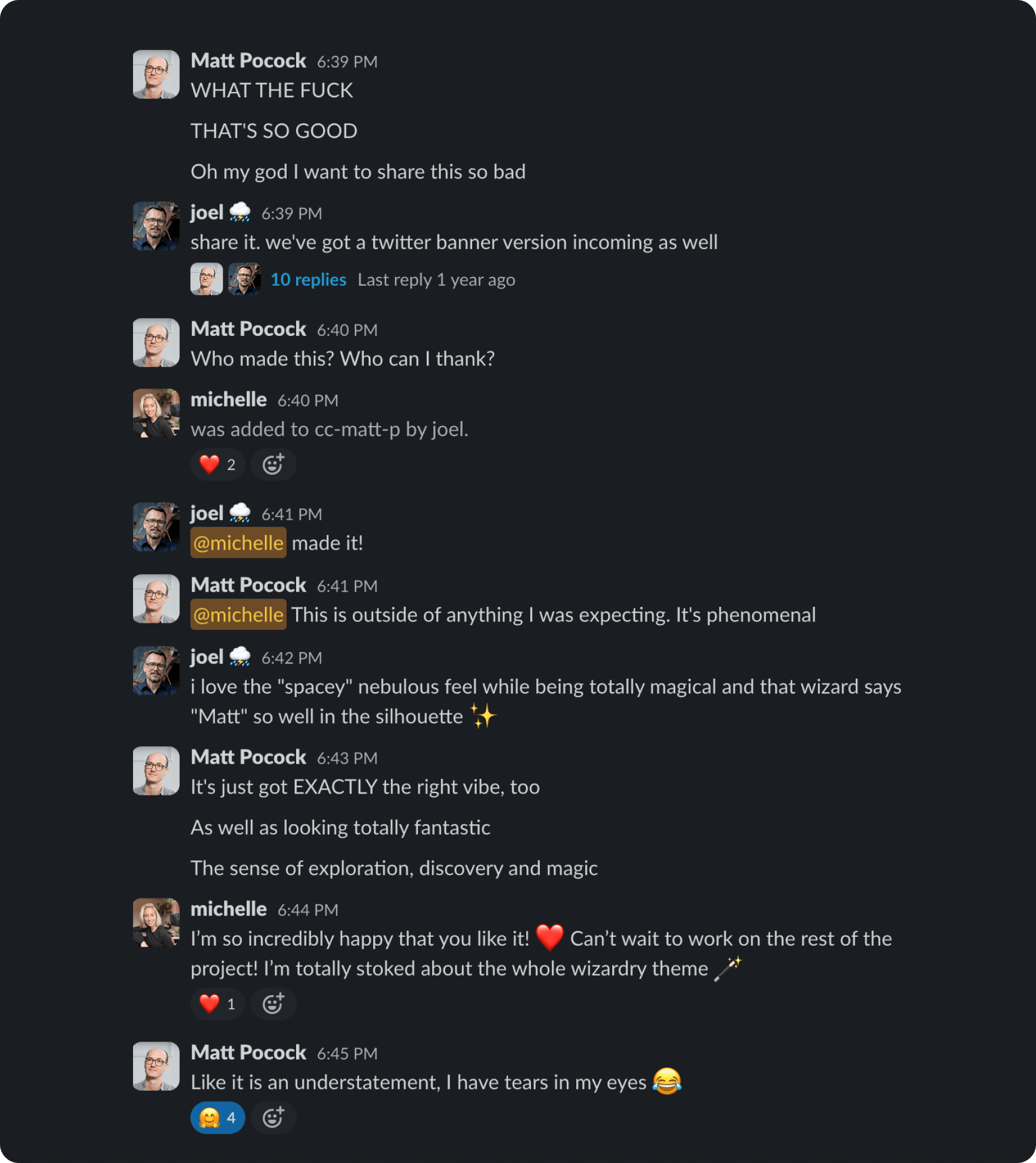 Matt’s reaction in Slack when we shared Michelle’s first illustration for Total TypeScript.