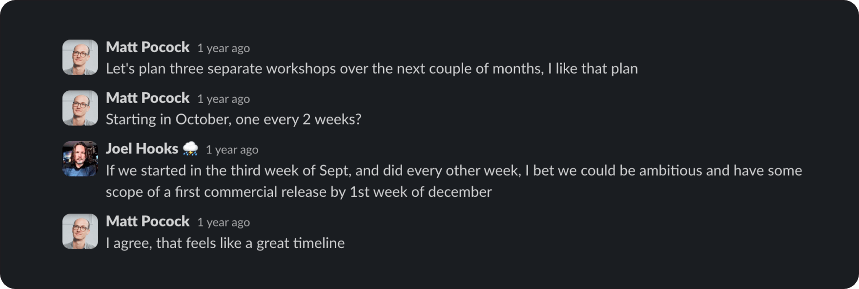 Matt and Joel discussing workshop timing.